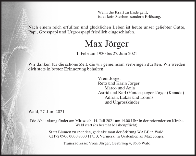  Traueranzeige für Max Jörger vom 02.07.2021 aus AvU