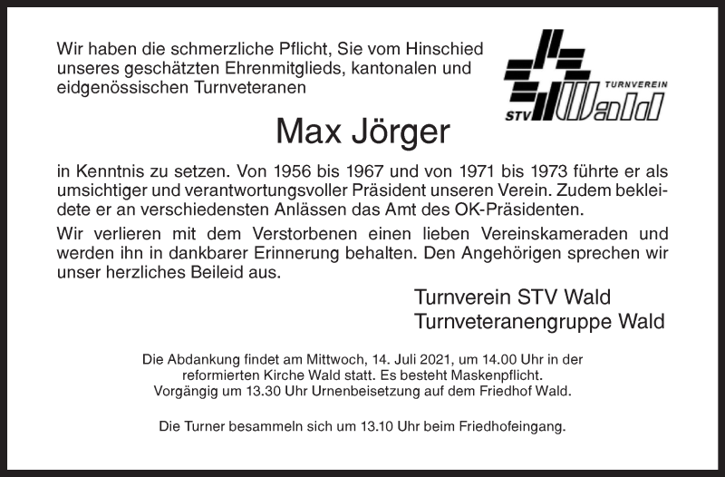  Traueranzeige für Max Jörger vom 02.07.2021 aus AvU