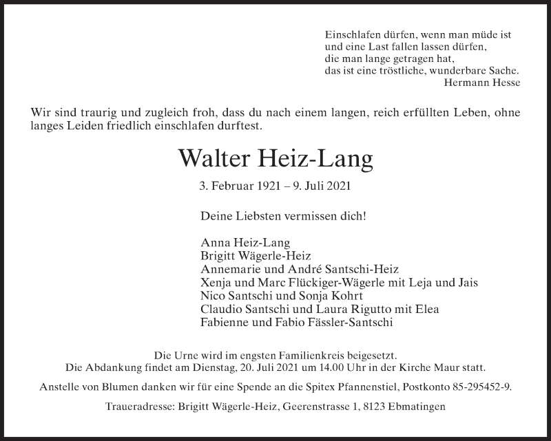  Traueranzeige für Walter Heiz-Lang vom 14.07.2021 aus AvU