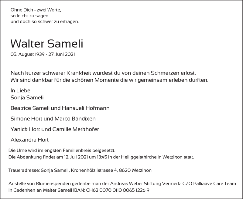  Traueranzeige für Walter Sameli vom 07.07.2021 aus AvU