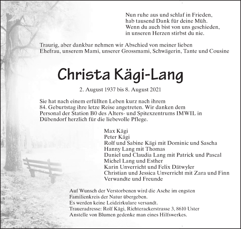  Traueranzeige für Christa Kägi-Lang vom 13.08.2021 aus VO solo