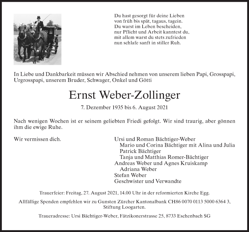  Traueranzeige für Ernst  Weber-Zollinger vom 11.08.2021 aus AvU