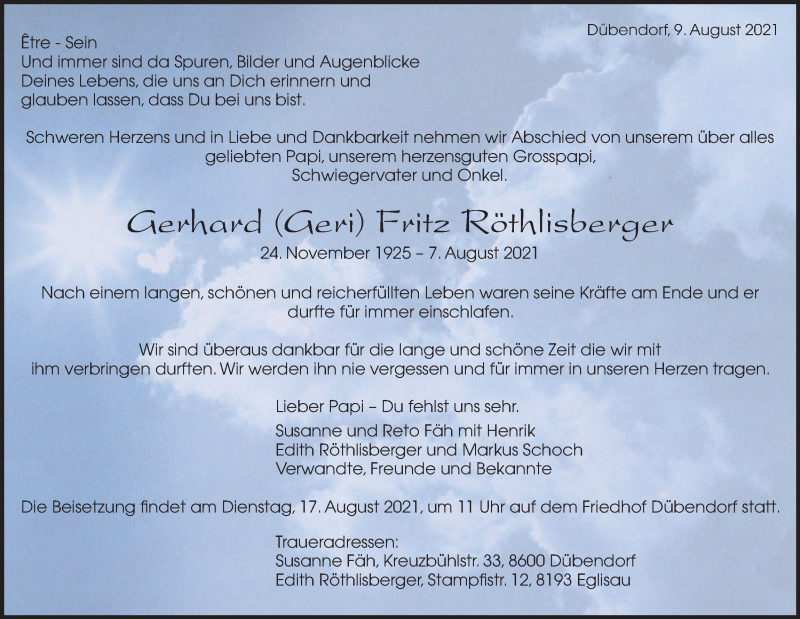  Traueranzeige für Gerhard Röthlisberger vom 13.08.2021 aus VO solo