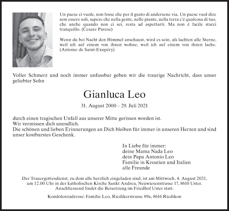  Traueranzeige für Gianluca Leo vom 03.08.2021 aus AvU