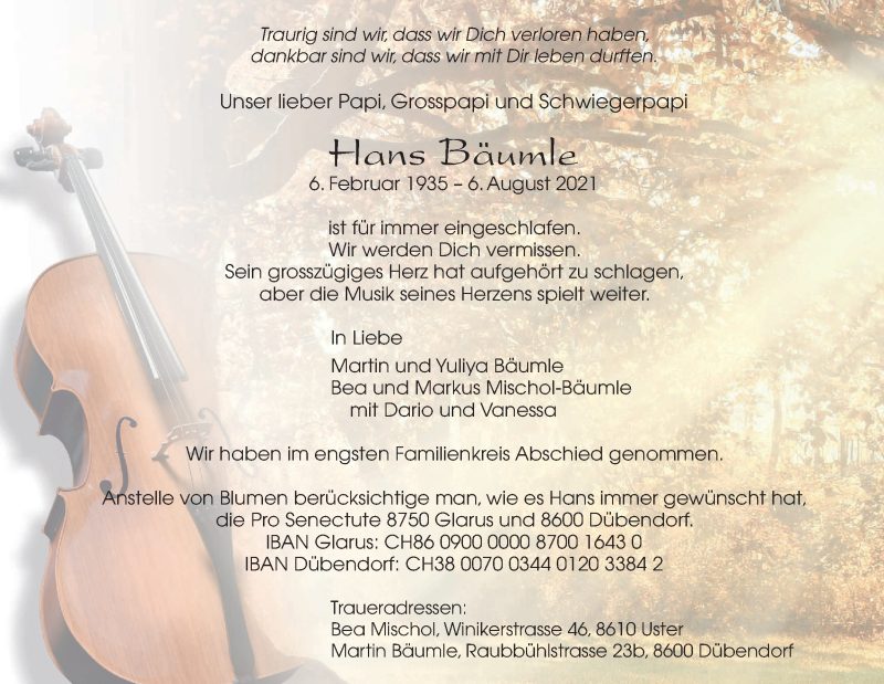  Traueranzeige für Hans Bäumle vom 27.08.2021 aus VO solo
