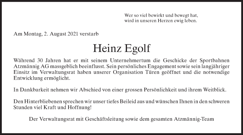  Traueranzeige für Heinz Egolf vom 11.08.2021 aus AvU