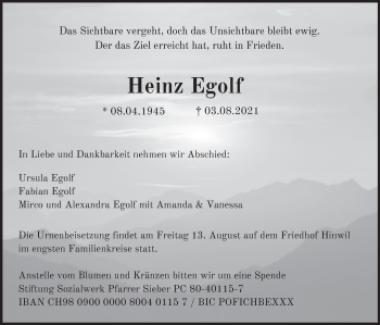 Traueranzeige von Heinz Egolf von AvU