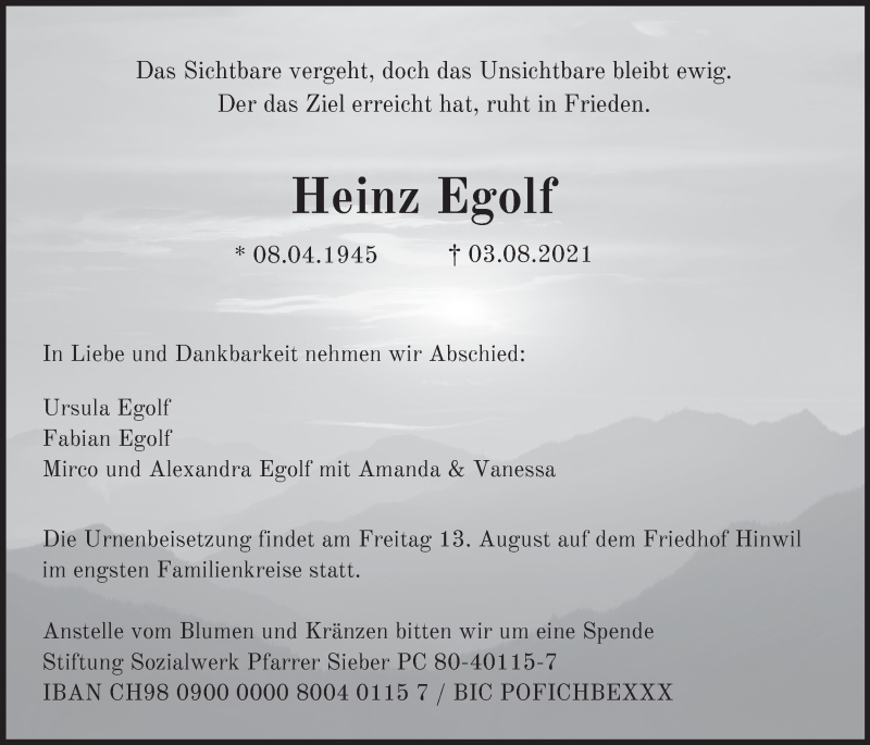  Traueranzeige für Heinz Egolf vom 11.08.2021 aus AvU