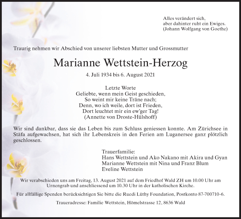  Traueranzeige für Marianne Wettstein-Herzog vom 11.08.2021 aus AvU
