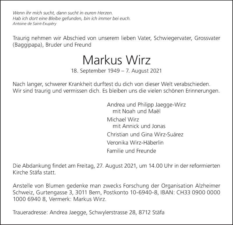  Traueranzeige für Markus Wirz vom 11.08.2021 aus AvU