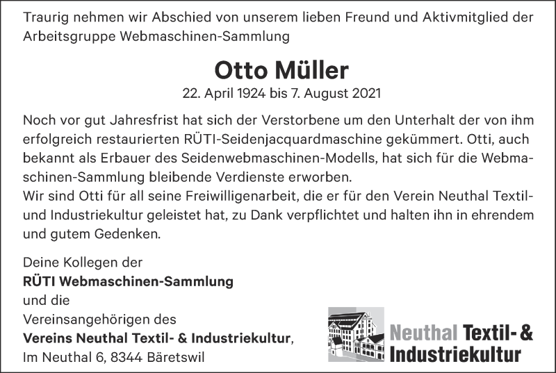  Traueranzeige für Otto Müller vom 25.08.2021 aus AvU