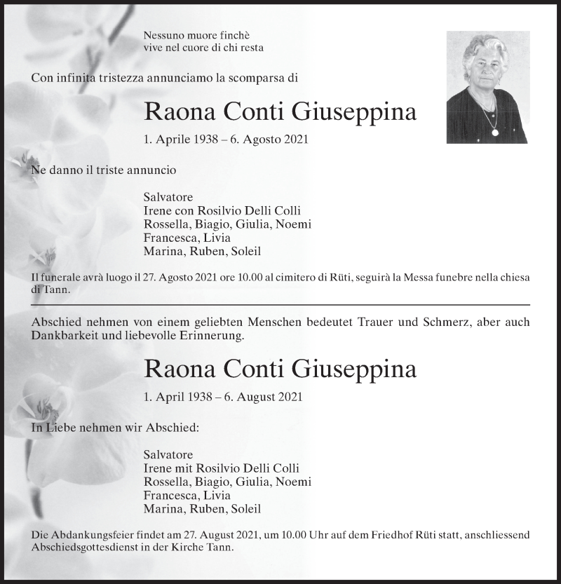 Traueranzeige für Raona Conti Giuseppina vom 25.08.2021 aus AvU