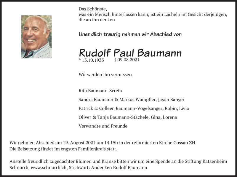  Traueranzeige für Rudolf Paul Baumann vom 18.08.2021 aus AvU