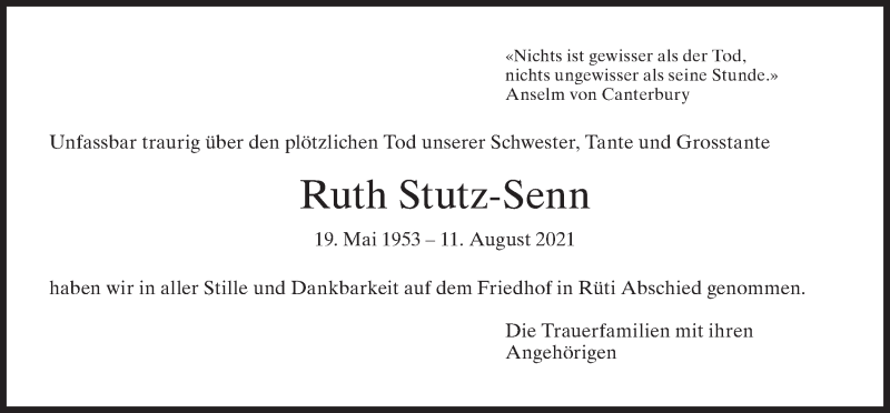  Traueranzeige für Ruth Stutz-Senn vom 01.09.2021 aus AvU