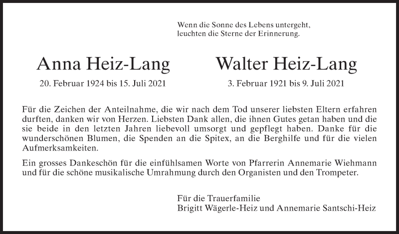  Traueranzeige für Walter Heiz-Lang vom 04.08.2021 aus AvU