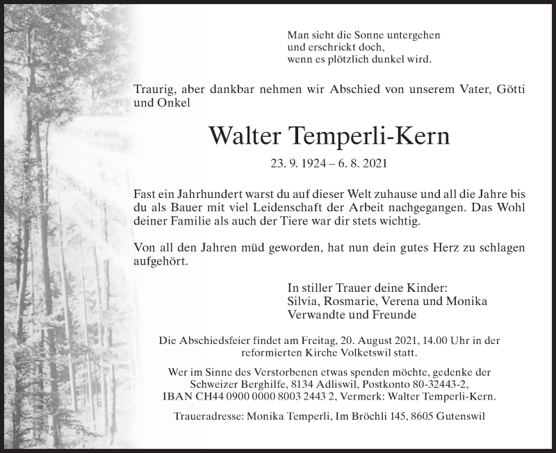  Traueranzeige für Walter Temperli-Kern vom 11.08.2021 aus AvU