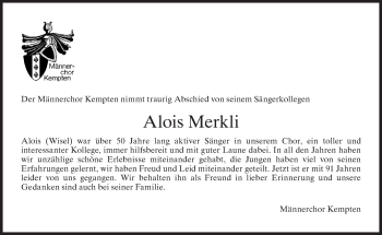 Traueranzeige von Alois Merkli von AvU