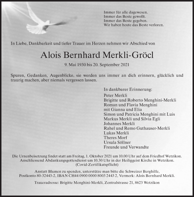  Traueranzeige für Alois Bernhard Merkli-Gröcl vom 28.09.2021 aus AvU