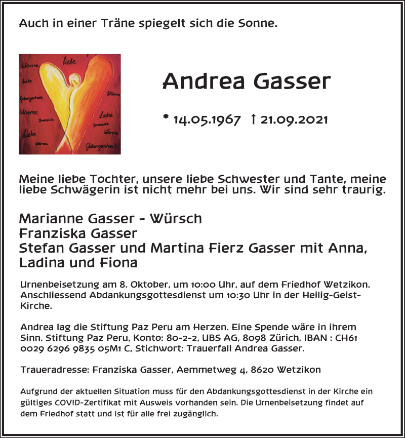  Traueranzeige für Andrea Gasser vom 28.09.2021 aus AvU