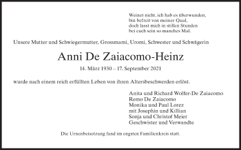 Traueranzeige von Anni De Zaiacomo-Heinz von VO solo