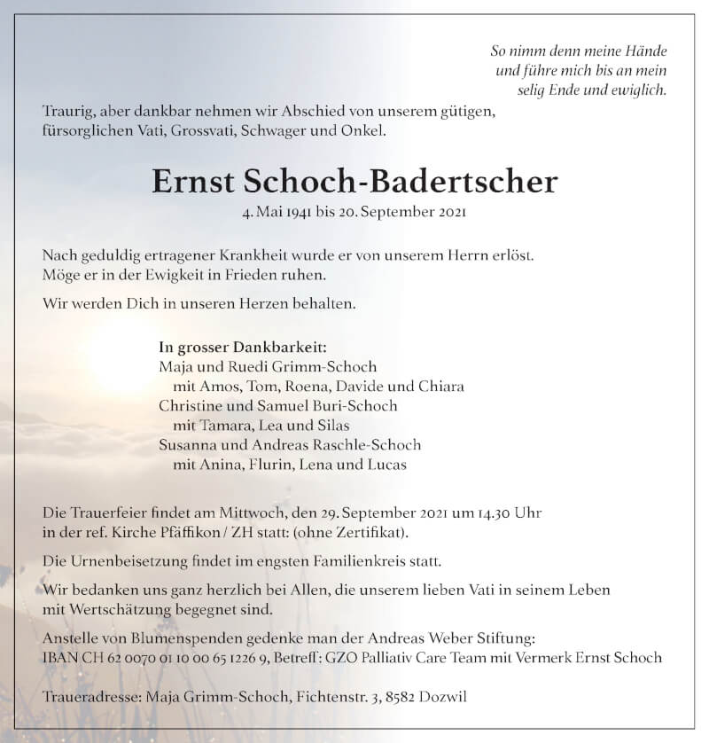  Traueranzeige für Ernst Schoch-Badertscher vom 25.09.2021 aus AvU