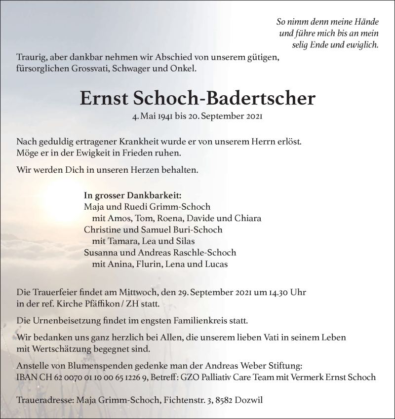  Traueranzeige für Ernst Schoch-Badertscher vom 24.09.2021 aus AvU