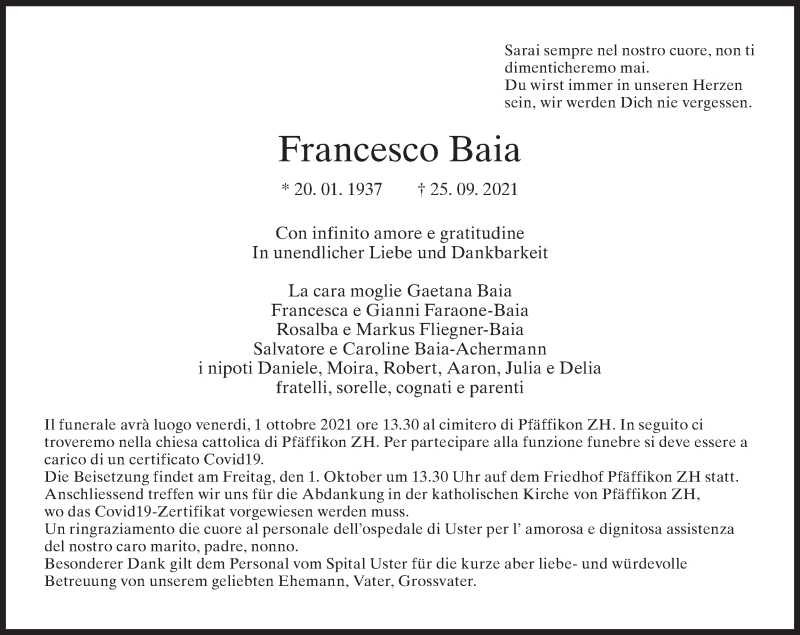  Traueranzeige für Francesco Baia vom 29.09.2021 aus AvU