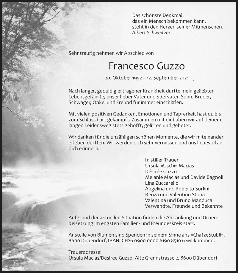  Traueranzeige für Francesco Guzzo vom 15.09.2021 aus AvU