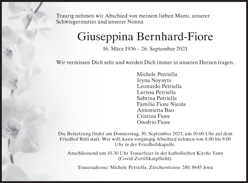  Traueranzeige für Giuseppina ernhard-Fiore vom 29.09.2021 aus AvU