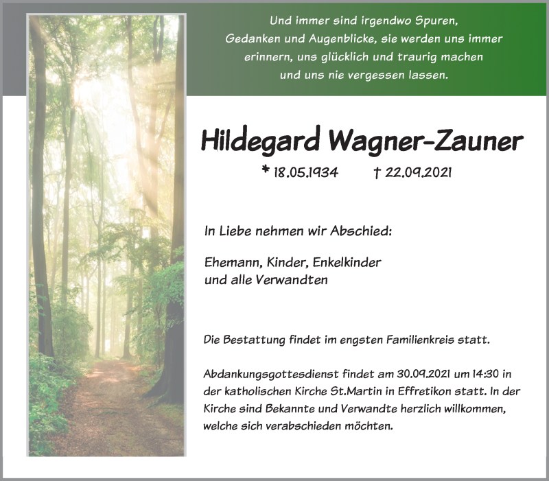  Traueranzeige für Hildegard Wagner-Zauner vom 30.09.2021 aus reg_2