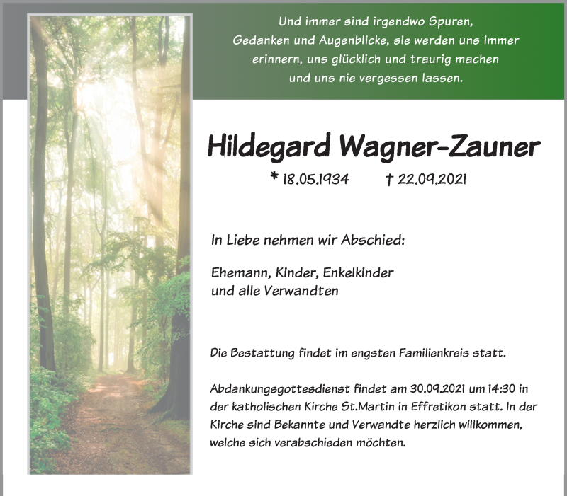  Traueranzeige für Hildegard Wagner-Zauner vom 29.09.2021 aus AvU