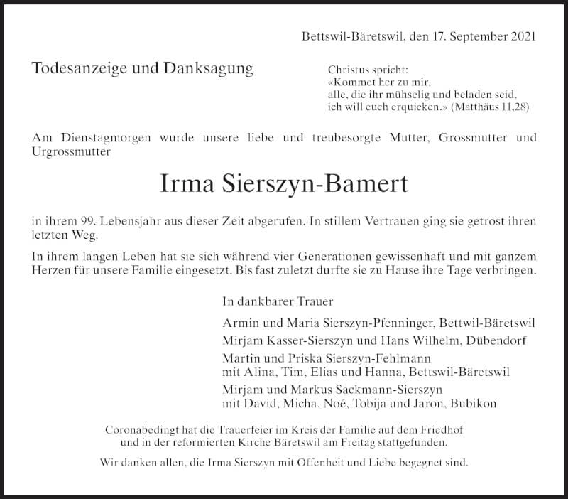  Traueranzeige für Irma Sierszyn-Bamert vom 20.09.2021 aus AvU