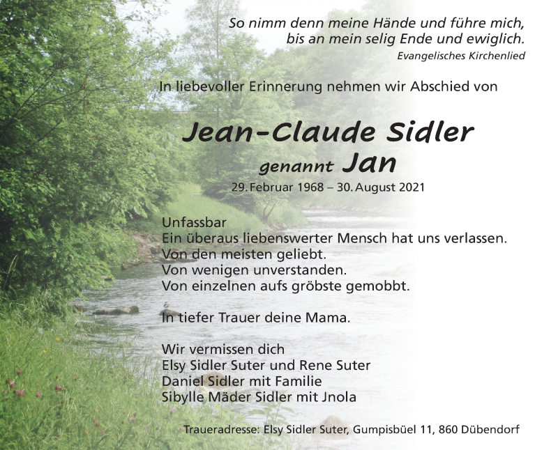  Traueranzeige für Jean-Claude Sidler vom 03.09.2021 aus VO solo