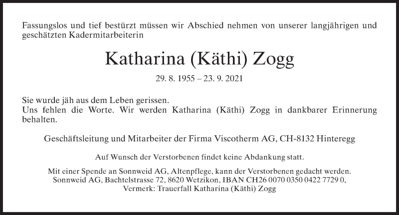  Traueranzeige für Katharina Zogg vom 29.09.2021 aus AvU