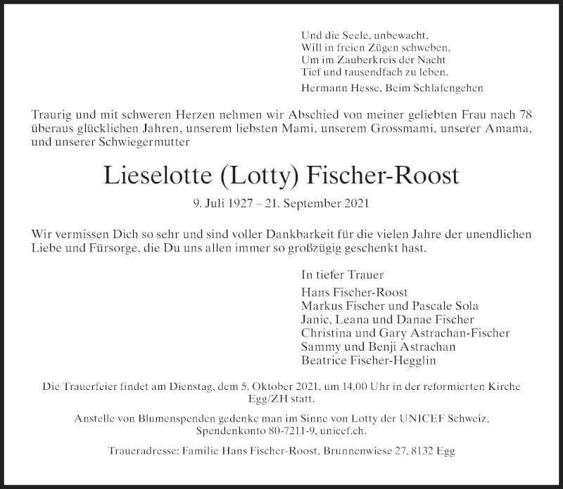  Traueranzeige für Lieselotte Fischer-Roost vom 25.09.2021 aus AvU