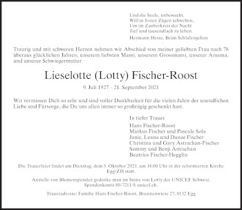 Traueranzeige von Lieselotte Fischer-Roost von AvU
