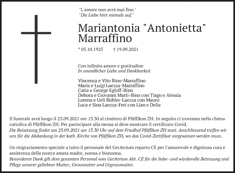  Traueranzeige für Mariantonia Marraffino vom 22.09.2021 aus AvU