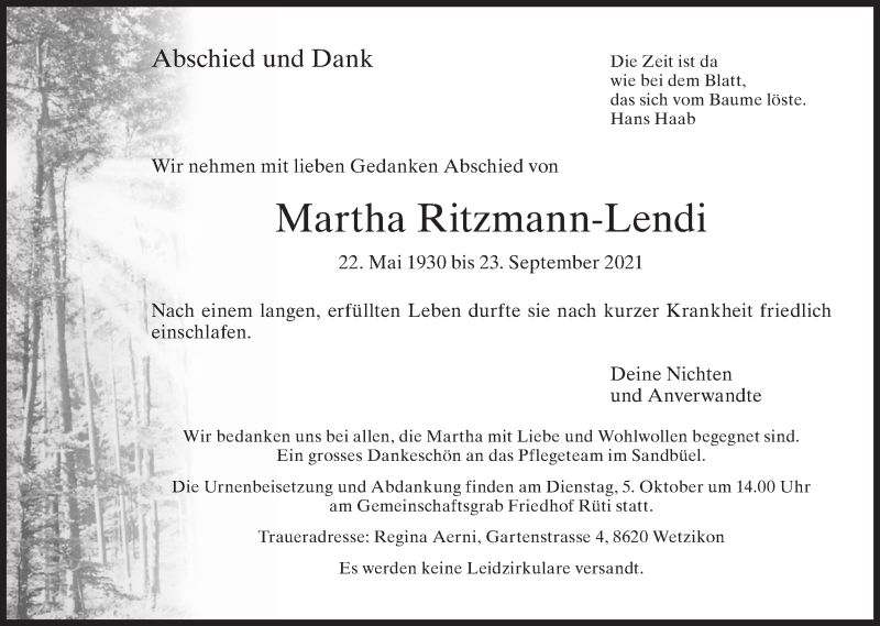  Traueranzeige für Martha Ritzmann-Lendi vom 29.09.2021 aus AvU