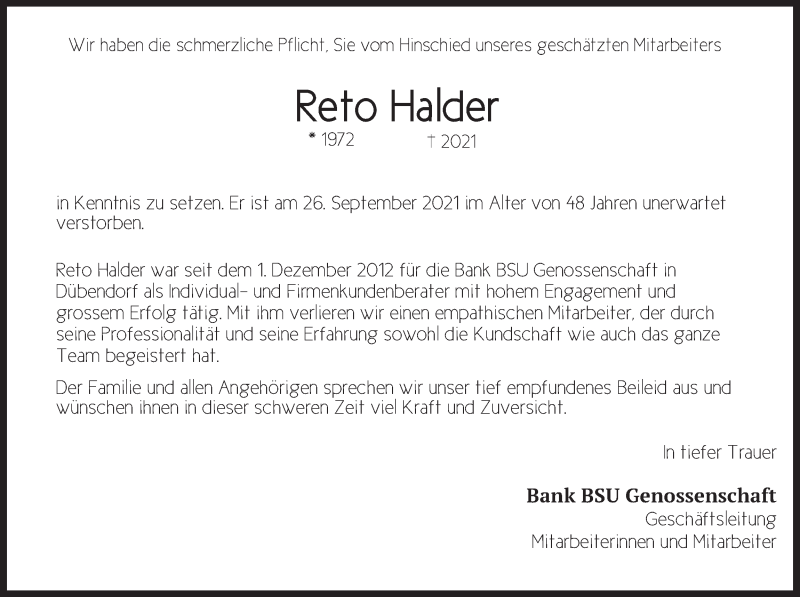 Traueranzeige für Reto Halder vom 29.09.2021 aus AvU