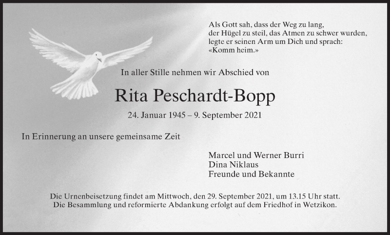  Traueranzeige für Rita Peschardt-Bopp vom 22.09.2021 aus AvU