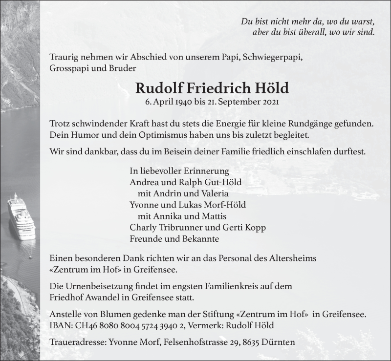  Traueranzeige für Rudolf Friedrich Höld vom 29.09.2021 aus AvU