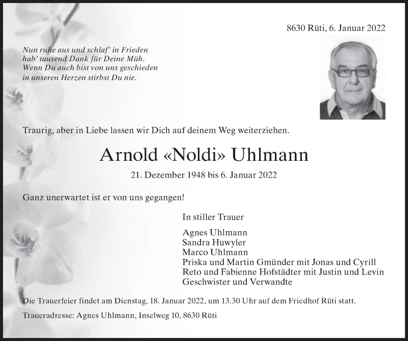  Traueranzeige für Arnold Uhlmann vom 12.01.2022 aus AvU