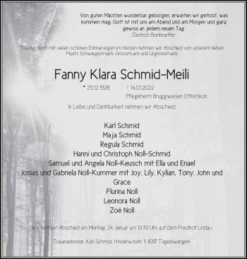 Traueranzeige von Fanny Klara Schmid-Meili von AvU