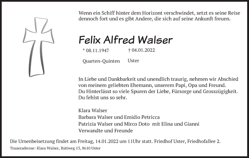  Traueranzeige für Felix Alfred Walser vom 12.01.2022 aus AvU
