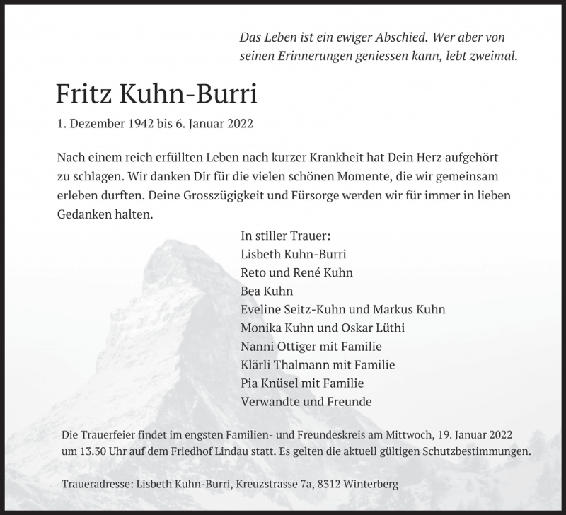  Traueranzeige für Fritz Kuhn-Burri vom 12.01.2022 aus AvU