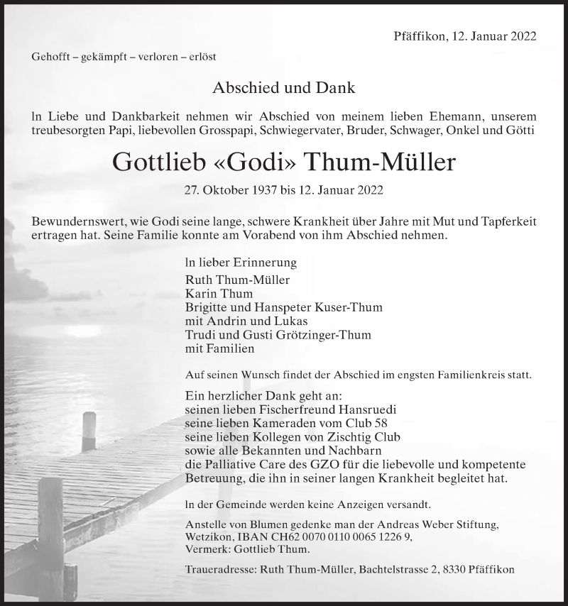  Traueranzeige für Gottlieb Thum-Müller vom 15.01.2022 aus AvU