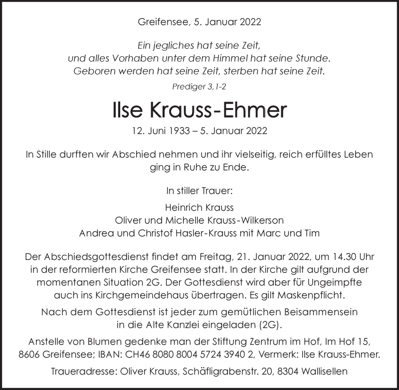  Traueranzeige für Ilse Krauss-Ehmer vom 12.01.2022 aus AvU