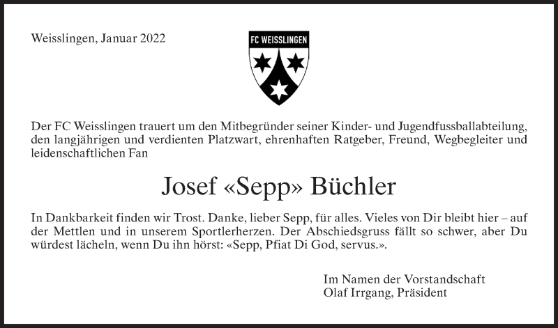  Traueranzeige für Josef  Büchler vom 28.01.2022 aus AvU