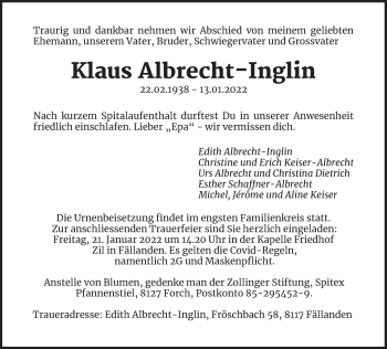 Traueranzeige von Klaus Albrecht-Inglin von AvU