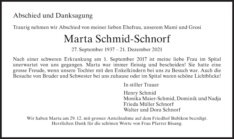  Traueranzeige für Marta Schmid-Schnorf vom 03.01.2022 aus AvU